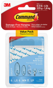 Command™ Assorted Refill Strips Removable, (8) Small 0.75 x 1.75, (4) Medium 2.75, Large 3.75, Clear, 16/Pack