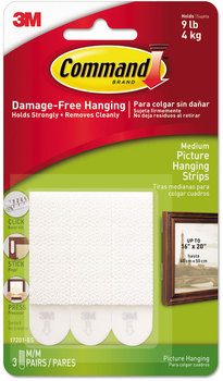 Command™ Picture Hanging Strips Removable, Holds Up to 3 lbs per Pair, 0.75 x 2.75, White, Pairs/Pack