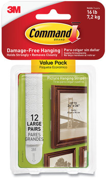 Command™ Picture Hanging Strips Large, Removable, Holds Up to 4 lbs per Pair, 0.75 x 3.65, White, 12 Pairs/Pack