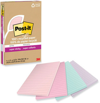 Post-it® Notes Super Sticky 100% Recycled Paper Ruled, 4" x 6", Wanderlust Pastels, 45 Sheets/Pad, 4 Pads/Pack