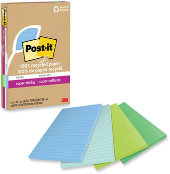 Post-it® Notes Super Sticky 100% Recycled Paper Ruled, 4" x 6", Oasis, 45 Sheets/Pad, 4 Pads/Pack