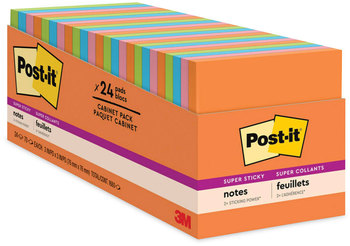 Post-it® Notes Super Sticky Pads in Cabinet Pack. 3 X 3 in. Energy Boost Colors Collection. 70 sheets/pad, 24 pads/pack.