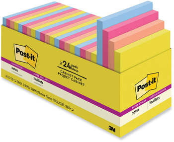 Post-it® Notes Super Sticky Note Pads in Cabinet Pack. 3 X 3 in. Summer Joy Colors Collection. 70 sheets/pad, 24 pads/pack.