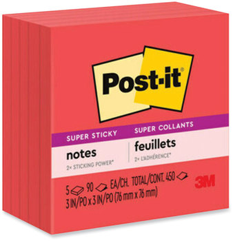 Post-it® Notes Super Sticky Self-Stick 3" x Saffron Red, 90 Sheets/Pad, 5 Pads/Pack