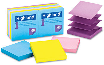 Highland™ Self-Stick Pop-Up Notes. 3 x 3 in. Assorted Bright Colors. 100 sheets/pad, 12 pads/pack.