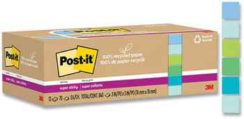 Post-it® Notes Super Sticky 100% Recycled Paper Unruled, 3" x Assorted Oasis Colors, 70 Sheets/Pad, 12 Pads/Pack