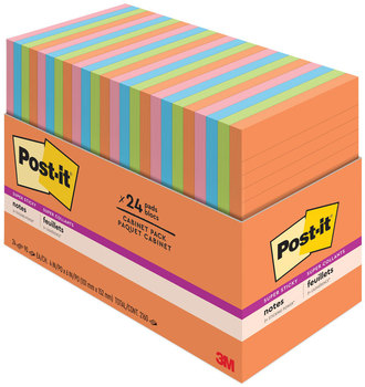 Post-it® Notes Super Sticky Pads in Energy Boost Colors Collection Note Ruled, 4" x 6", 45 Sheets/Pad, 24 Pads/Pack