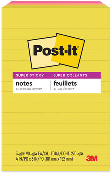 Post-it® Notes Super Sticky Ruled Note Pads. 4 X 6 in. Summer Joy Collection Colors. 90 sheets/pad, 3 pads/pack.