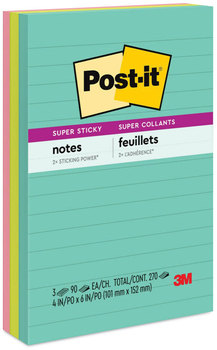 Post-it® Notes Super Sticky Pads in Supernova Neon Colors Collection Note Ruled, 4" x 6", 90 Sheets/Pad, 3 Pads/Pack