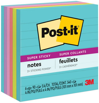 Post-it® Notes Super Sticky Pads in Supernova Neon Colors Collection Note Ruled, 4" x 90 Sheets/Pad, 6 Pads/Pack