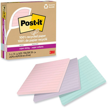 Post-it® Notes Super Sticky 100% Recycled Paper Ruled, 4" x Wanderlust Pastels, 70 Sheets/Pad, 3 Pads/Pack