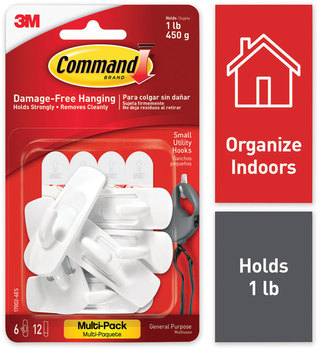 Command™ General Purpose Hooks Small, Plastic, White, 1 lb Capacity, 6 and 12 Strips/Pack