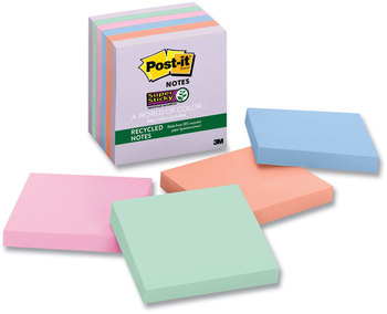 Post-it® Notes Super Sticky Recycled in Wanderlust Pastel Colors Pastels Collection 3" x 65 Sheets/Pad, 6 Pads/Pack