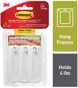 Command™ Sawtooth Picture Hanger Value Pack Large, Plastic, White, 5 lb Capacity, 3 Hooks and 6 Strips/Pack