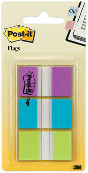 Post-it® Flags 0.94" Wide with Dispenser, Bright Blue, Green, Purple, 60