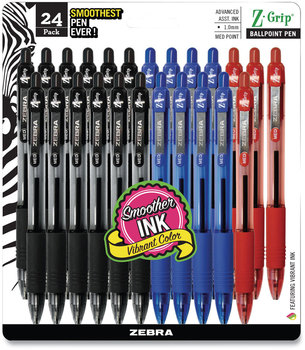 Zebra® Z-Grip® Retractable Ballpoint Pen Medium 1 mm, Assorted Ink and Barrel Colors, 24/Pack