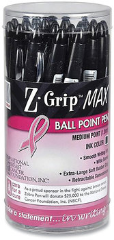 Zebra® Z-Grip® MAX Retractable Ballpoint Pen Breast Cancer Awareness Bold 1.2 mm, Black Ink, Silver/Black Barrel, 24/Pack