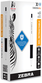 Zebra® Sarasa® Dry X1+ Retractable Gel Pen Medium 0.7 mm, Black Ink, White/Black Barrel, 12/Pack