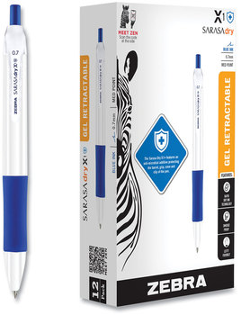Zebra® Sarasa® Dry X1+ Retractable Gel Pen Medium 0.7 mm, Blue Ink, White/Blue Barrel, 12/Pack