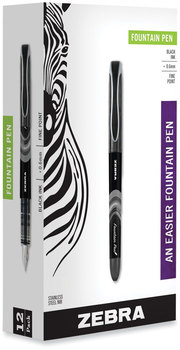 Zebra® Fountain Pen Fine 0.6 mm, Black Ink, Black/Gray Barrel, 12/Pack