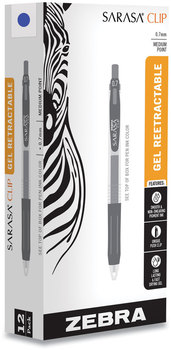Zebra® Sarasa® Clip Gel Retractable Pen, Medium 0.7 mm, Blue Ink, Clear/Blue Barrel, 12/Pack