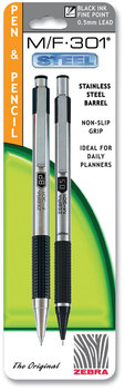 Zebra® M/F 301 Stainless Steel Retractable Pen and Mechanical Pencil Set 0.7 mm Black 0.5 HB Barrels