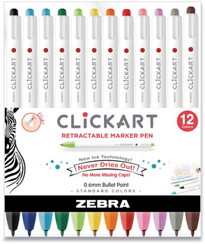 Zebra® ClickArt Retractable Marker Pen Porous Point Fine 0.6 mm, Assorted Ink and Barrel Colors, 12/Pack
