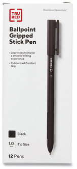 TRU RED™ Gripped Stick Ballpoint Pen Medium 1 mm, Black Ink, Barrel, Dozen