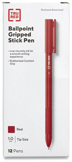 TRU RED™ Gripped Stick Ballpoint Pen Medium 1 mm, Red Ink, Barrel, Dozen