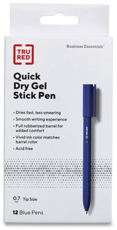 TRU RED™ Quick Dry Gel Stick Pen Medium 0.7 mm, Blue Ink, Barrel, Dozen