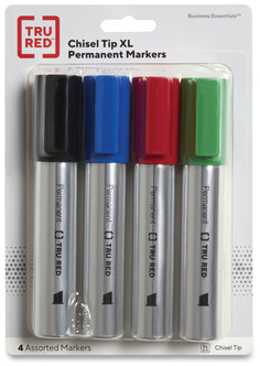 TRU RED™ XL Permanent Marker Extra-Broad Chisel Tip, Assorted Colors, 4/Pack