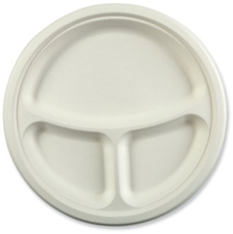 AmerCareRoyal® Bagasse PFAS-Free Dinnerware 3-Compartment Plate, 10.24" dia, White, 500/Carton