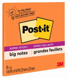 Post-it® Super Sticky Big Notes, Unruled. 11 X 11 in. Neon Orange. 30 sheets/pad.