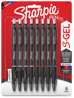 Sharpie® S-Gel™ High-Performance Pen Gel Retractable, Medium 0.7 mm, Three Assorted Ink Colors, Black Barrel, 8/Pack