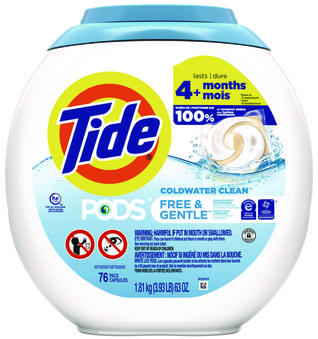 Tide® PODS™ Laundry Detergent Free and Gentle, 63 oz Tub, 76 Pacs/Tub, 4 Tubs/Carton