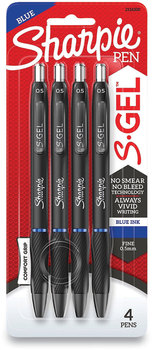 Sharpie® S-Gel™ High-Performance Pen Gel Retractable, Fine 0.5 mm, Blue Ink, Black Barrel, 4/Pack