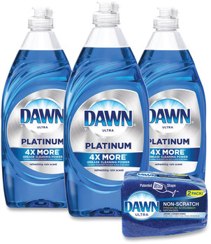 Dawn® Platinum Liquid Dish Detergent. 24 oz. Refreshing Rain scent. 3 bottles plus 2 sponges/carton.