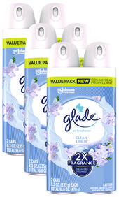 Glade® Air Freshener Room Spray. 8.3 oz. Clean Linen scent. 2 cans/pack, 3 packs/carton.