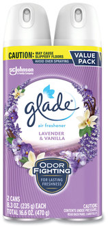 Glade® Air Freshener Room Spray. 8.3 oz. Lavender & Vanilla scent. 2 cans/pack, 3 packs/carton.