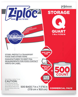 Ziploc® Double Zipper Storage Bags 1 qt, 1.75 mil, 7" x 7.75", Clear, 500/Box