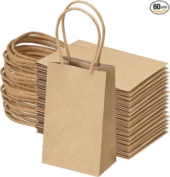 Mini Kraft Paper Gift Bags with Handles. 6 X 3.5 X 2.4 in. Brown. 60 bags/case.