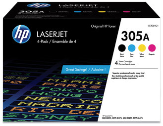 HP Toner CE410A-CF370AM 305A, (CE305A-Q) 4-Pack Black/Cyan/Magenta/Yellow Original LaserJet Cartridges