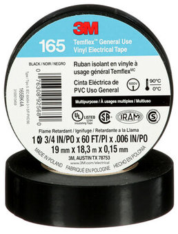 3M™ Temflex™ Vinyl Electrical Tape 165, Black, 3/4 in x 60 ft x .006 in, 100 Rolls/Case
