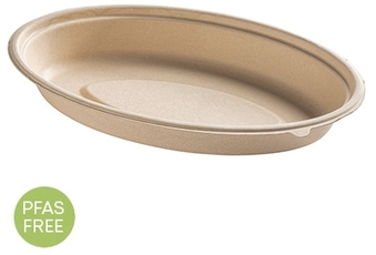 Conserveware Oval Bagasse Bowls. 24 oz. 9.5 x 6 X 1.45 in. Tan. 125/bag, 2 bags/case.