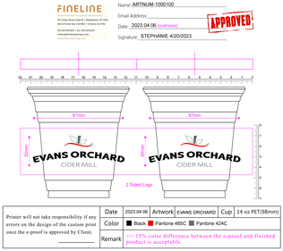 PET Plastic Cups with Custom Evans Orchard Print. 12/14 oz. Clear. 1000/case.