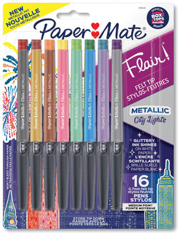 Paper Mate® Flair Metallic Porous Point Pen Stick, Medium 0.7 mm, Assorted Ink and Barrel Colors, 16/Pack