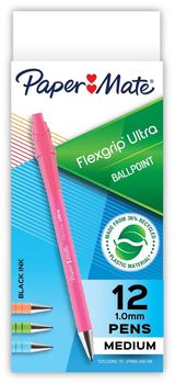 Paper Mate® FlexGrip Ultra® Recycled Retractable Ballpoint Pen Medium, 1 mm, Black Ink, Assorted Barrels, Dozen