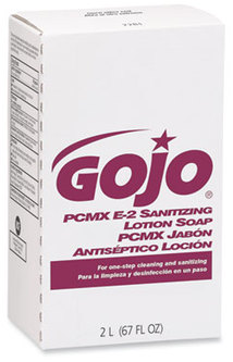 GOJO® E2 Bag-in-Box Refill Sanitizing Lotion Soap with PCMX for NXT® Dispensers. 2000 mL. Fragrance-Free. 4 refills/carton.