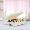 A Picture of product DCC-HC8FBR3 Dart® Compostable Fiber 3-Compartment Hinged Trays. 8.03 X 8.4 X 1.93 in. Ivory. 100 trays/sleeve, 2 sleeves/carton.