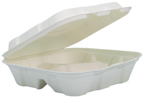 Dart® Compostable Fiber 3-Compartment Hinged Trays. 8.03 X 8.4 X 1.93 in. Ivory. 100 trays/sleeve, 2 sleeves/carton.